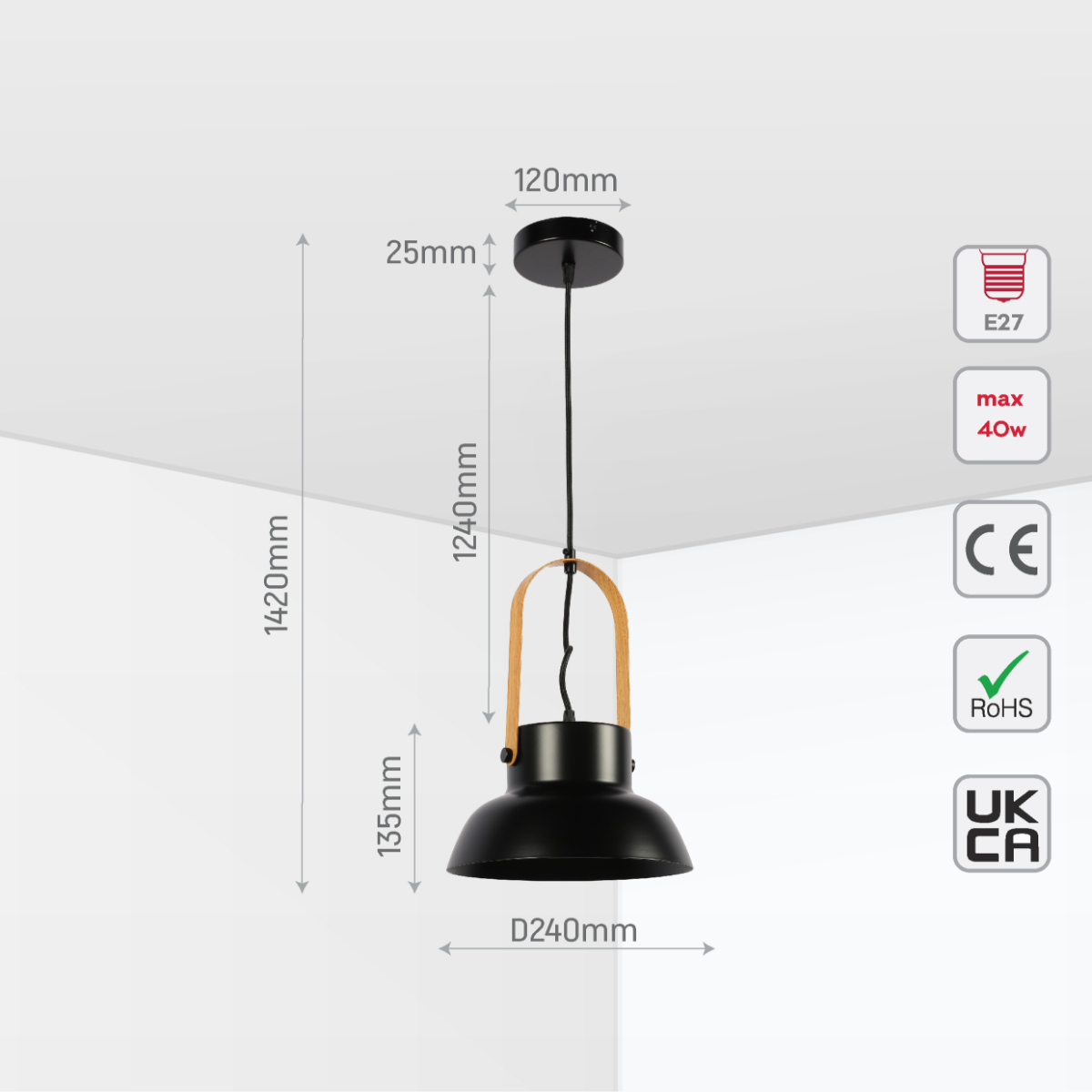 Size and certifications of Versatile Narvik Nordic Cone Pendant Light 150-18420