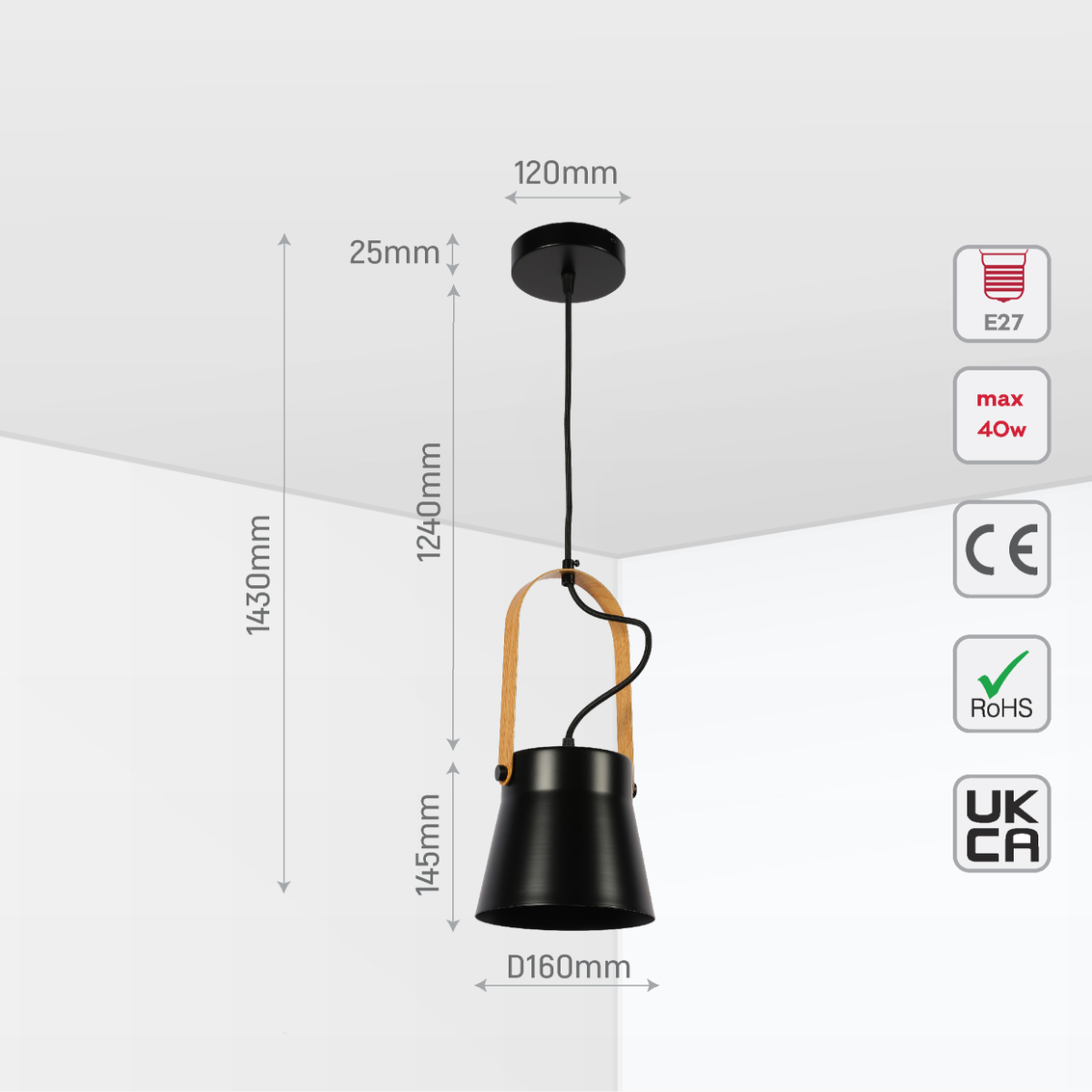 Size and certifications of Versatile Narvik Nordic Cone Pendant Light 150-18428