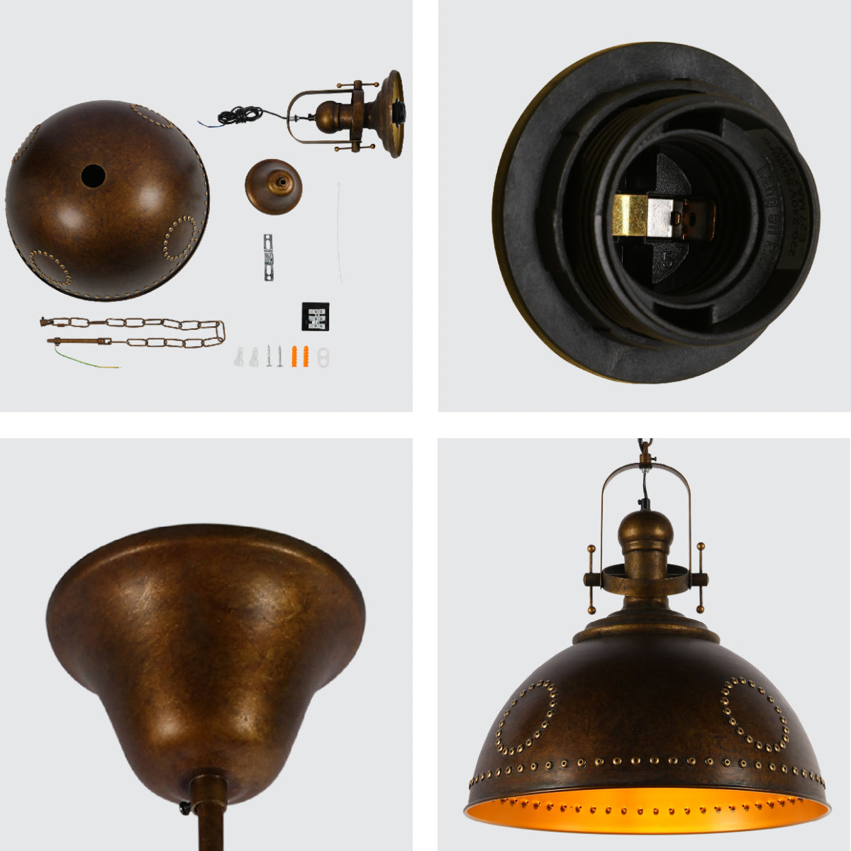 Close shots of Vintage Industrial Dome Pendant Light with Rivet Detailing 150-19032