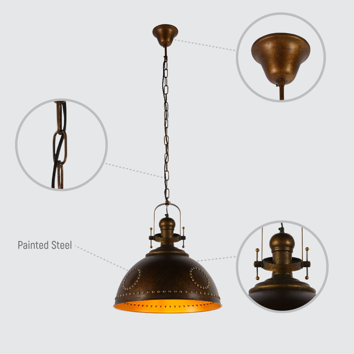 Lighting properties of Vintage Industrial Dome Pendant Light with Rivet Detailing 150-19032