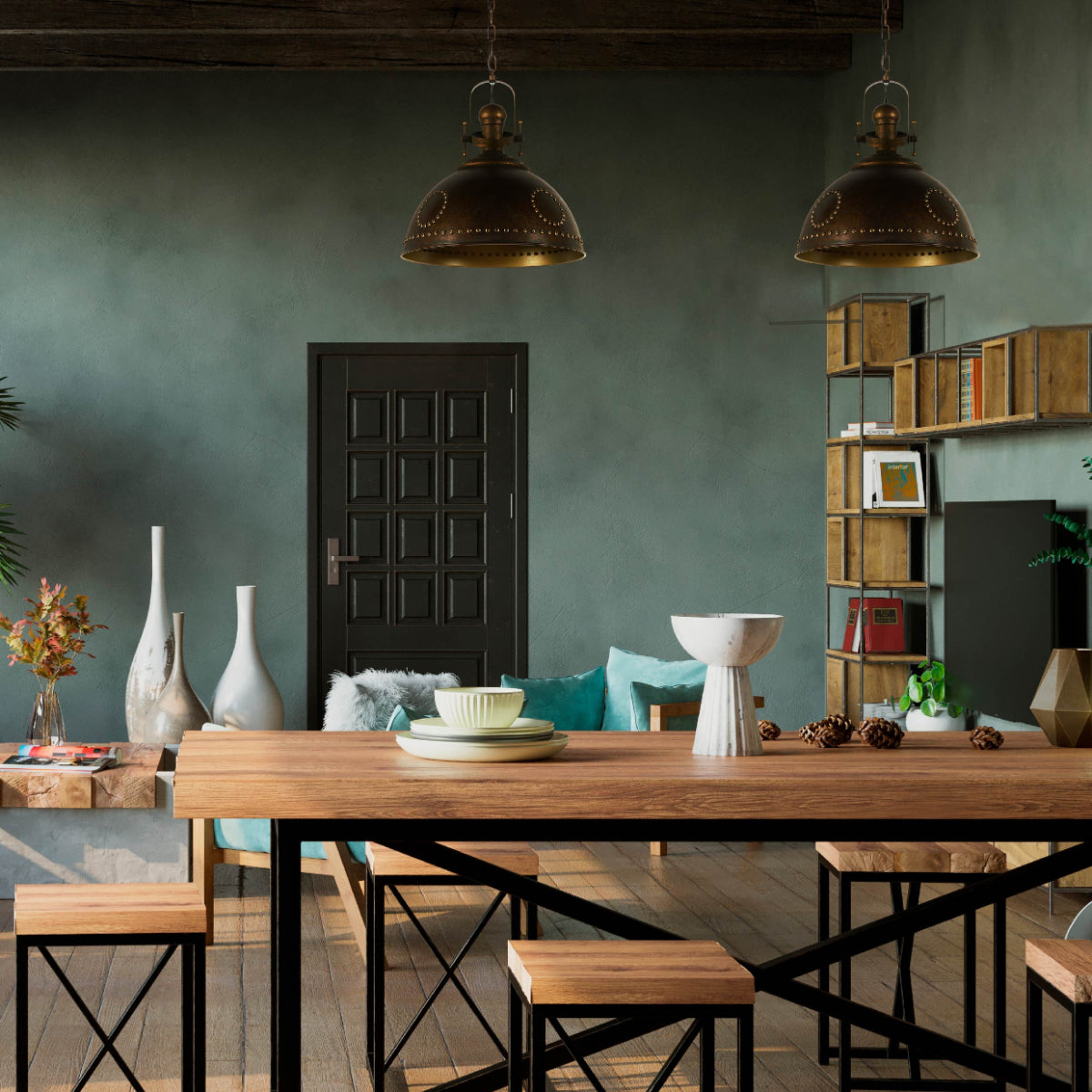 Where to use Vintage Industrial Dome Pendant Light with Rivet Detailing 150-19032