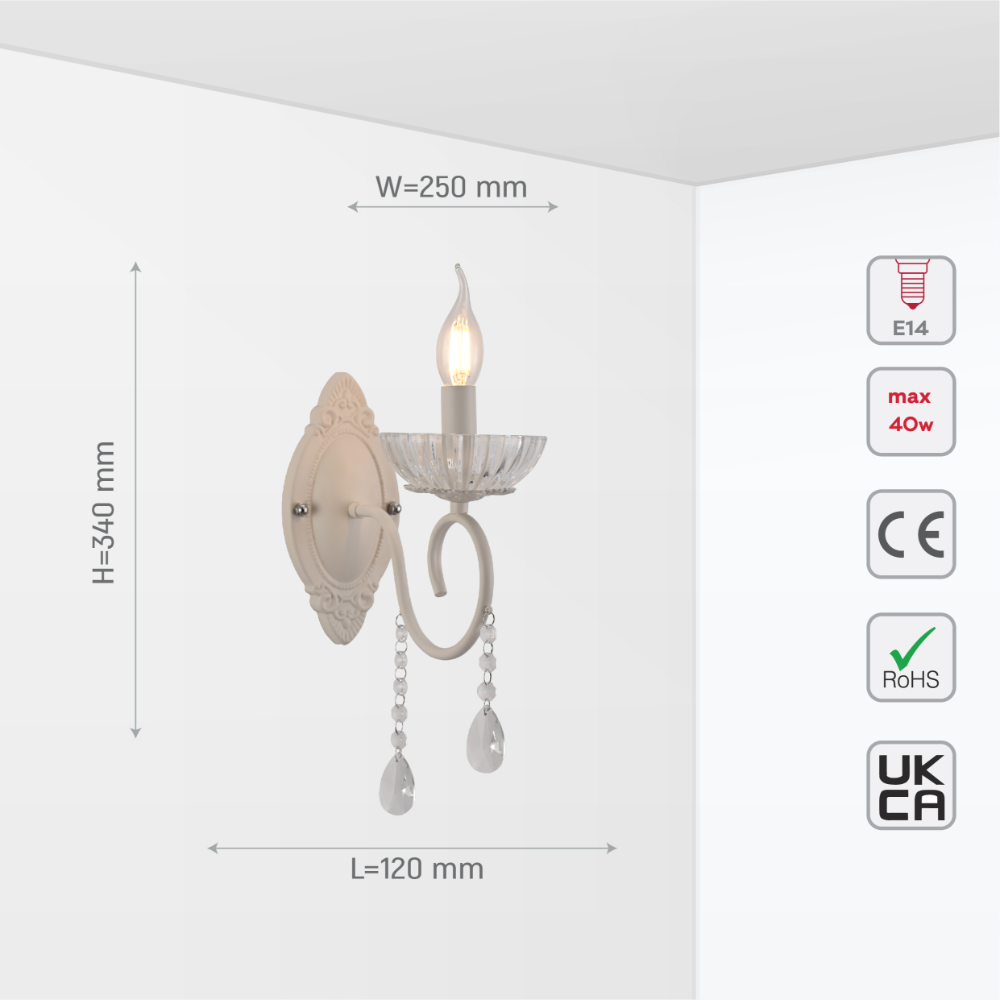 Size and tech specs of Vintage Metal & Glass Candle Wall Light | TEKLED 151-19924