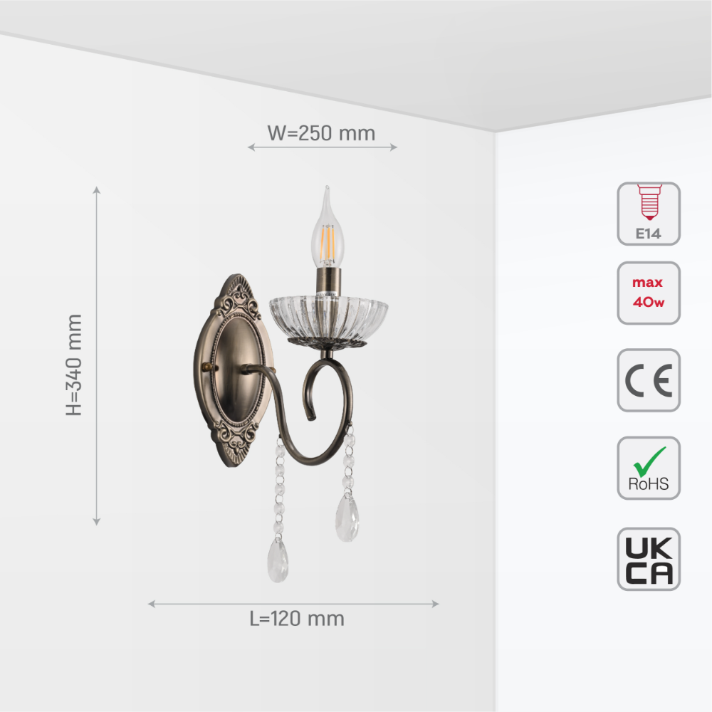 Size and tech specs of Vintage Metal & Glass Candle Wall Light | TEKLED 151-19926