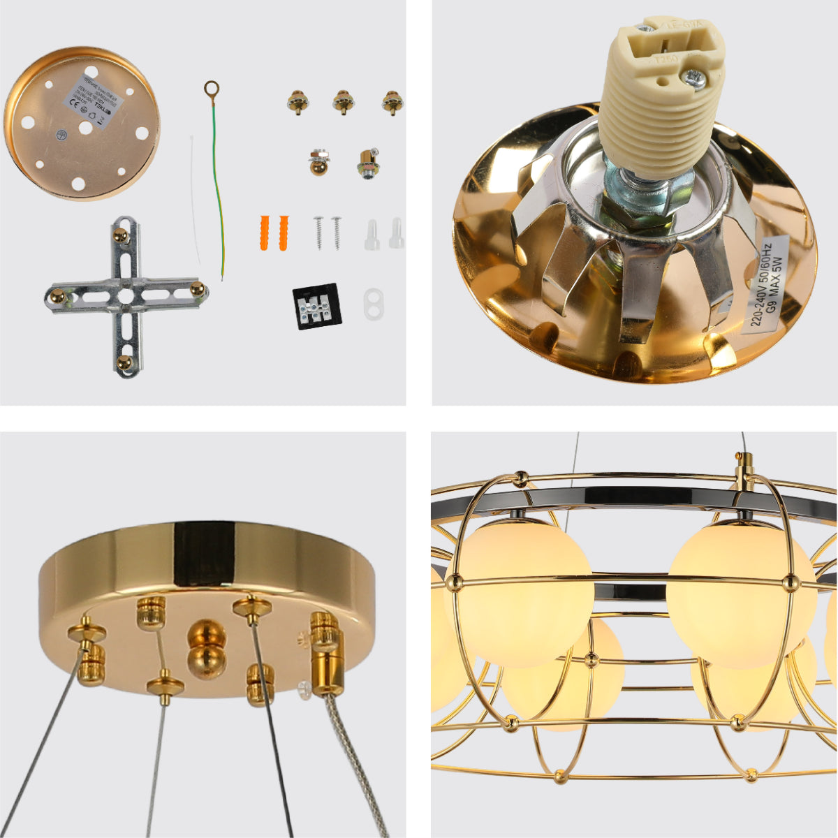Close shots of Vintage-Modern Orb Chandelier with Geometric Gold Detailing G9 150-19034