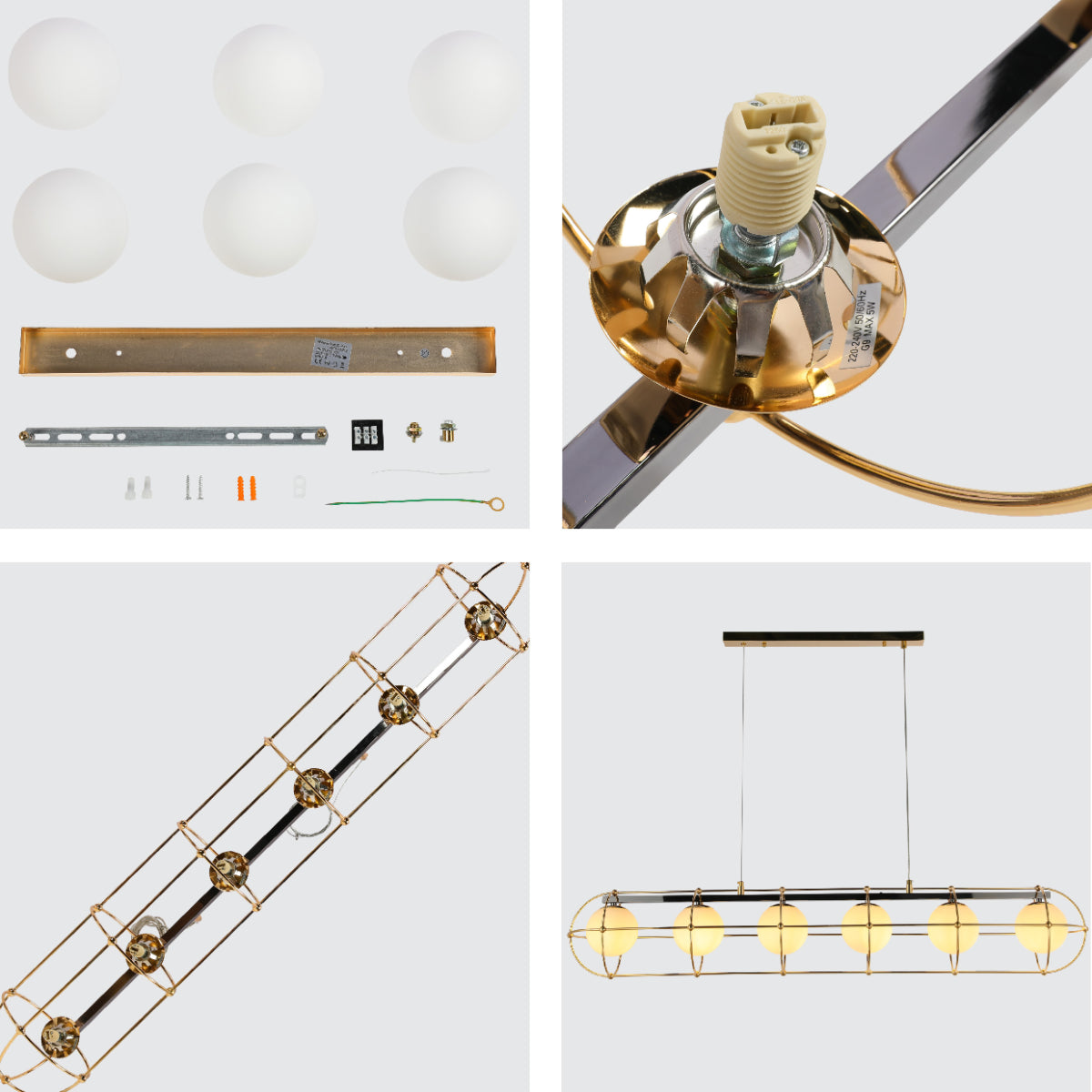 Close shots of Vintage-Modern Orb Chandelier with Geometric Gold Detailing G9 150-19036
