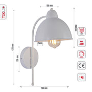 Tehcnical specifications and dimensions of White Metal Dome Wall Light with E27 Fitting