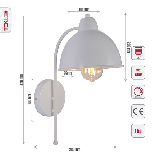 Tehcnical specifications and dimensions of White Metal Dome Wall Light with E27 Fitting