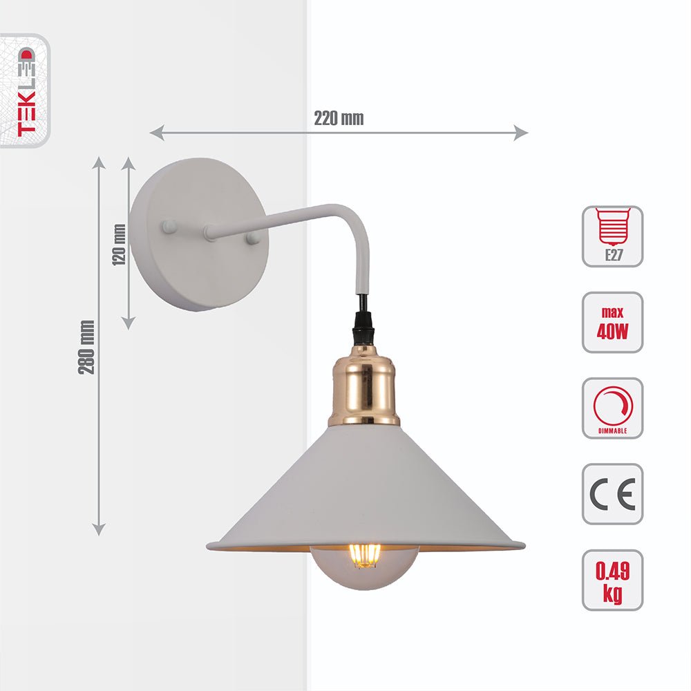 Tehcnical specifications and dimensions of White Metal Funnel Suspended Wall Light with E27 Fitting