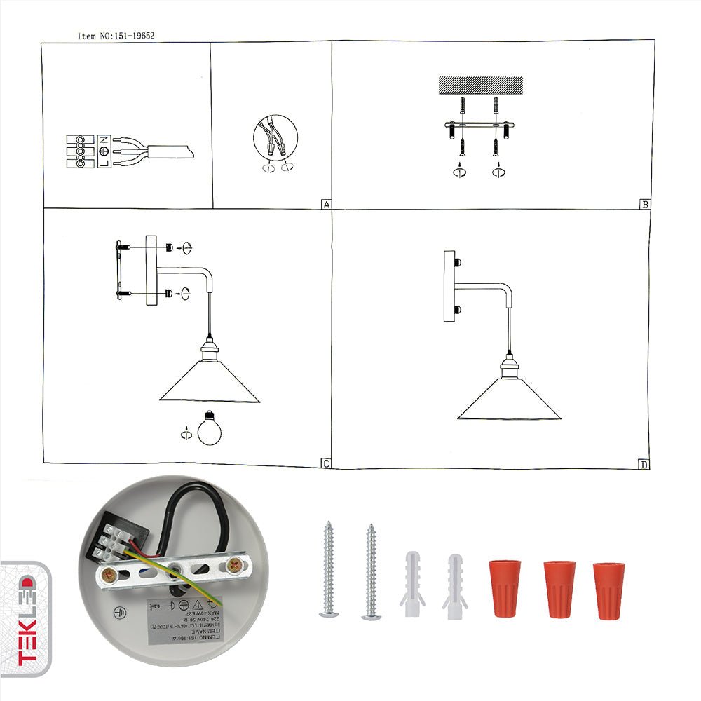 User manual and installation tools of White Metal Funnel Suspended Wall Light with E27 Fitting